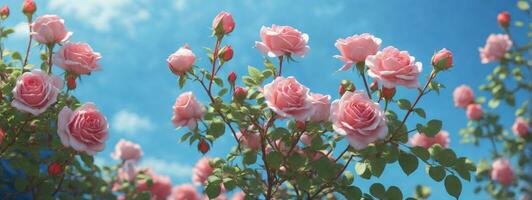 hermosa primavera borde, floreciente Rosa arbusto en un azul antecedentes. floración Rosa caderas en contra el azul cielo. suave selectivo enfocar. ai generado foto