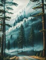 Misty landscape with fir forest in hipster vintage retro style. AI generated photo