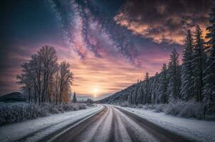 la carretera líder hacia vistoso amanecer Entre nieve cubierto arboles con épico lechoso camino en el cielo. ai generado foto