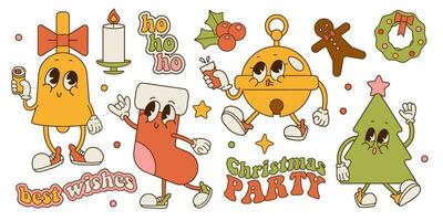 Set of 70s, 80s groovy hippie characters. Christmas tree, bell, ladybell, stocking characters. Christmas party vintage elements collection. Vector retro cartoon illustration.