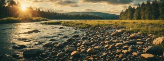 forest river with stones on shores at sunset. AI generated photo