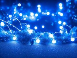 holiday illumination and decoration concept - christmas garland bokeh lights over dark blue background. AI generated photo