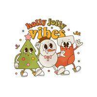 Holly jolly vibes - Christmas print concept in trendy retro cartoon style. Walking vintage characters - Xmas tree, snowman,stocking. Greeting cards, posters, prints, party invitations decoration. vector