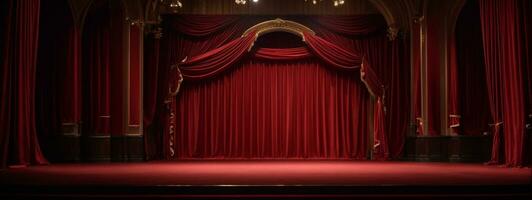 Red stage curtain with arch entrance. AI generated photo