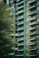 Modern apartment buildings in a green residential area in the city. AI generated photo