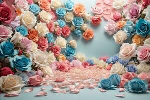 Backdrop of colorful paper roses. AI generated photo