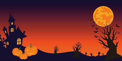 halloween background with icons of pumpkin, tree, castle, moon and copy space area. vector for banner, poster, greeting card, social media.