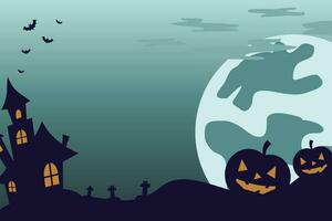 halloween celebration background with icons of moon, pumpkin, castle and copy space area. vector for banner, poster, greeting card, social media.