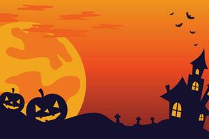 halloween celebration background with icons of moon, pumpkin, castle and copy space area. vector for banner, poster, greeting card, social media.