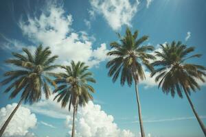 Blue sky and palm trees view from below, vintage style, tropical beach and summer background, travel concept. AI generated photo