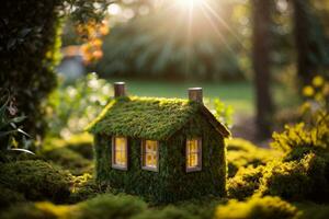 Eco Friendly House - Paper Home On Moss In Garden. AI generated photo