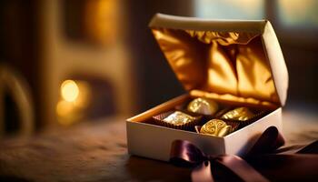 Chocolates and chocolate pralines in a gift box as a luxury holiday present, generative ai photo