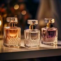 Luxury fragrance bottles at perfume scent at presentation event, bespoke perfumery and beauty product sale, generative ai photo