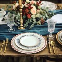 formal fiesta paisaje de mesa con azul decoración, cena mesa configuración, mesa bohordo con elegante vajilla y vajilla para Boda fiesta y evento, generativo ai foto