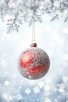 Christmas bauble on a snowy winter background, Merry Christmas and Happy Holidays wishes, generative ai photo