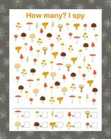 Autumn mushroom I spy, How many counting educational game for kids, Halloween holiday vector illustration, educational puzzle, printable worksheet for kids, leisure or study game, teachers resources