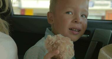 Junge mit Plüsch Spielzeug auf das Auto zurück Sitz video