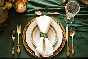 Elegant dinner table setting arrangement in English country style as flatlay tablescape, folded napkin on a serving plate, tableware and holiday table decor, generative ai photo