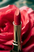 Red lipstick in a golden tube and blooming rose flower, beauty cosmetic and make-up product, generative ai photo