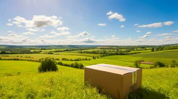 Postal service, home delivery and online shopping, parcel box in the countryside on a sunny day, generative ai photo