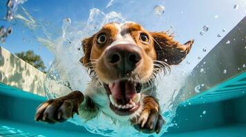 linda perro nadando en un piscina con salpicaduras de agua. foto