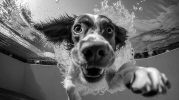 Funny dog swimming underwater in swimming pool. Black and white photo. photo