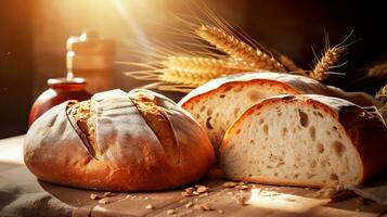 Freshly baked bread on a wooden table with ears of wheat. photo