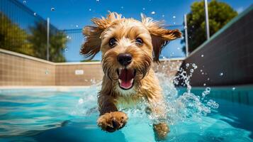 Cute Terrier swimming in a swimming pool with splashes. Excited dog in pool swimming and playing in the water. photo