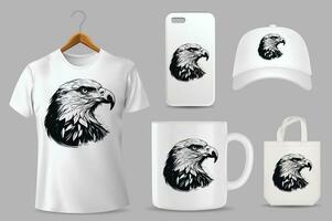 Hand Drawn Sketch Bald Eagle Illustration On Different Product Templates vector