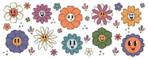 Set of groovy flower buds with cartoon faces in the style of the 70s. Retro vector illustration on isolated white background.