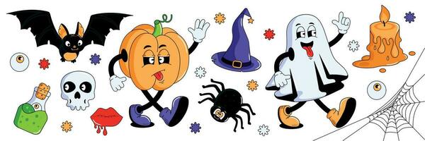 Groovy set for Halloween. Modern cartoon characters in Halloween style. Potion, pumpkin, ghost, bat, candle, spider. Fashion vector illustration in retro cartoon style.