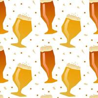 Patterning of draft beer mugs with foam on white background. Continuous repeat pattern vector