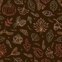 Hello, Autumn. Seamless pattern from nuts and seeds. Acorns with leaves, cedar cone, linden seeds, hazelnuts, maple lionfish seeds. doodle style. wallpaper, printing on fabric, wrapping, background vector