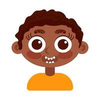 Funny black boy in orange t-shirt laughing. In cartoon style. Human emotions. Psychological health, Welness. vector