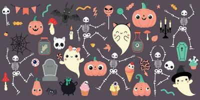 Set of elements for Halloween with cute characters vector