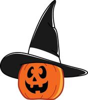 scary Halloween pumpkin wearing a witch hat on transparent background, Happy Halloween decoration element, vector illustration