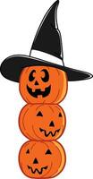 scary Halloween pumpkin wearing a witch hat on transparent background, Happy Halloween decoration element, vector illustration