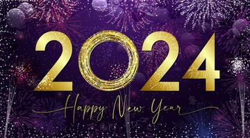 Golden shiny number 2024 and handwritten style text. A Happy New year greeting card concept with glittering background. Christmas night eve celebrating poster. Isolated elements. Graphic design. vector