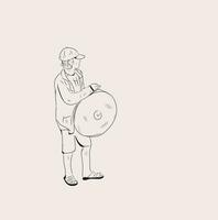 sketch of a man carrying a traditional Javanese musical instrument, namely a gong, vector