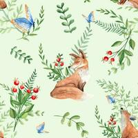 Seamless watercolor pattern with mother and baby fox, green leaves and red berries, fern, branches, blue butterfly on green background. Botanical summer hand drawn illustration. vector