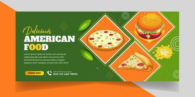 delicioso rápido comida Pizza bandera con social medios de comunicación enviar modelo bandera, restaurante descuento comida hamburguesa bandera diseño, comida menú social medios de comunicación cubrir modelo. vector