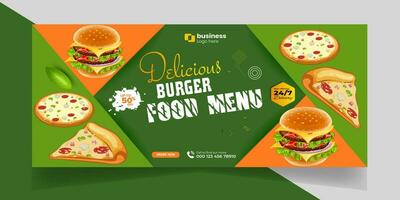 Delicious Fast Food Pizza banner with social media post template Banner, Restaurant discount food Burger banner Design, Food menu social media cover template. vector