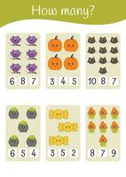 Halloween printable educational math worksheet. Addition, counting, subtraction for kids. Educational games for preschoolers and kindergarten. Learning mathematic pages. Math printable. vector