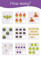 Math printable educational worksheet. Halloween mathematic, how many, counting. Educational games for preschoolers and kindergarten. Learning mathematic pages, teacher resources. vector