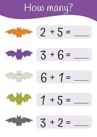 Math counting worksheets for kids. Halloween mathematic addition, subtraction, logic puzzles for preschool, kindergartens, early child development and homeschooling. Math game, educational activity. vector