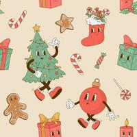 Seamless pattern with retro cartoon Christmas characters.   Gingerbread, Christmas tree, giftbox, candle, ball mascot. Vector illustration. Wrapping paper, greeting card, print, New Year background