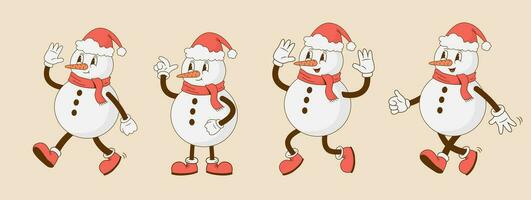 Set of retro cartoon funny snowman characters. Vintage Christmas mascot vector illustration. Nostalgia 60s, 70s, 80s. Happy New Year