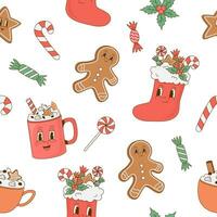 Vintage Christmas seamless pattern with sweets, gingerbread, candy, coffee. Retro cartoon character mascot. Vector illustration