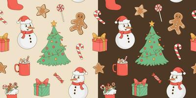 Set of Christmas seamless patterns with retro cartoon Xmas tree, snowman, gingerbread, gift box, coffee cup, sweets.  New Year decoration. Vector illustration. Wrapping paper, greeting card, texture.