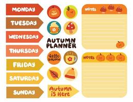 collection of autumn weekly and daily planner sticker, notes, to do list, with lettering and cute icon. template for agenda, check list, stationery vector